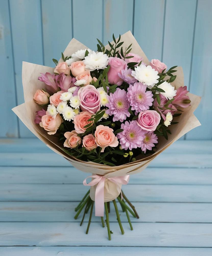 Букет цветов из: Хризантемы, Розы и Альстромерии в Большом Сорокино