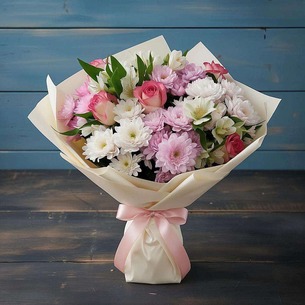 Букет цветов из: Хризантемы, Альстромерии и Розы в Большом Сорокино